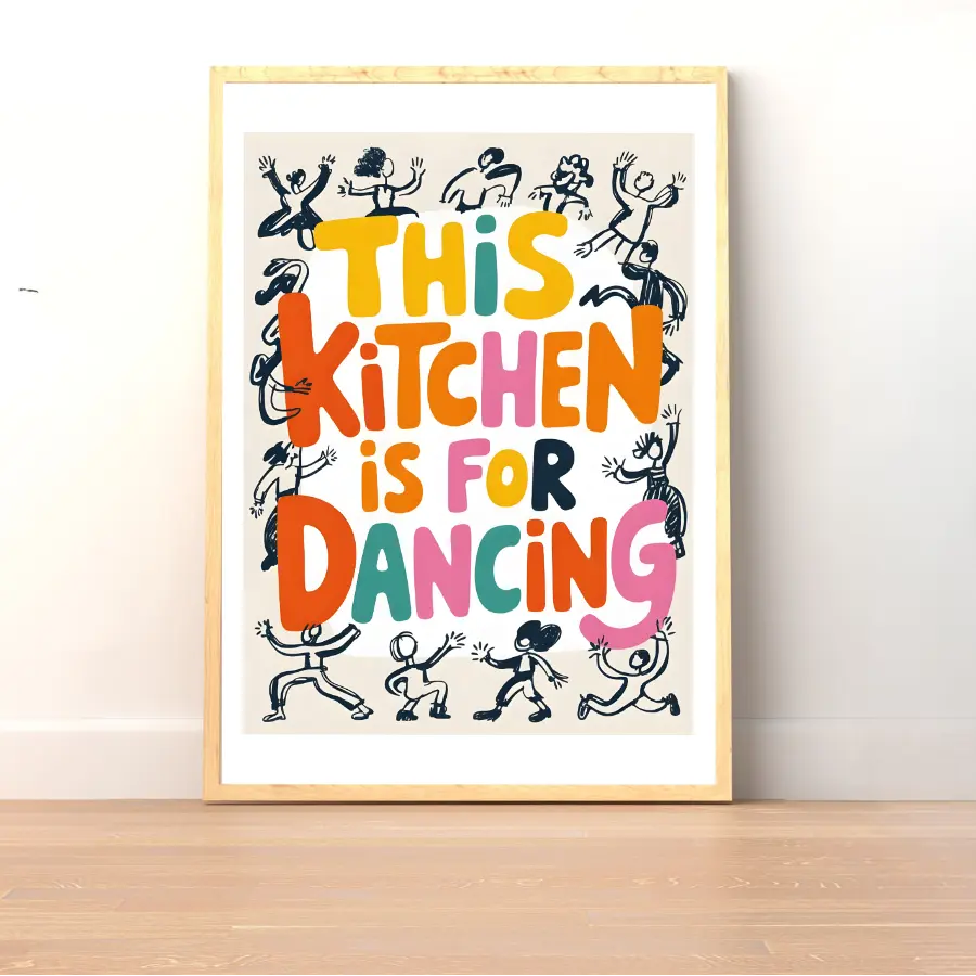 ForWalls.eu - Plakat This Kitchen Is For Dancing - Poster with colorful bold text “This Kitchen Is For Dancing” surrounded by black doodle-style dancing figures on white. - classic, humor, jedzenie, plakat