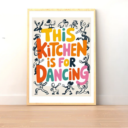 ForWalls.eu - Plakat This Kitchen Is For Dancing - Poster with colorful bold text “This Kitchen Is For Dancing” surrounded by black doodle-style dancing figures on white. - classic, humor, jedzenie, plakat