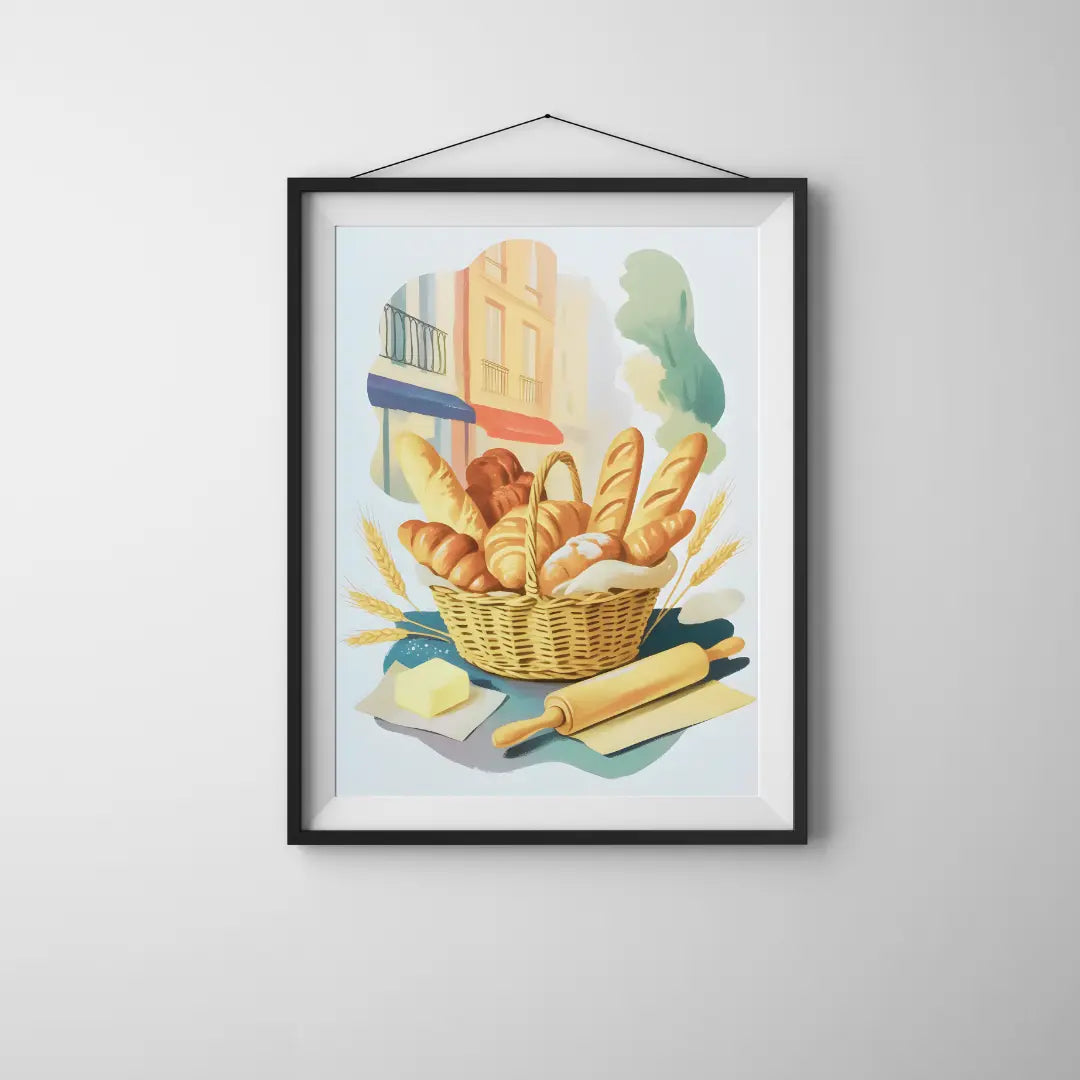 ForWalls.eu - Plakat French Bakery - Framed poster of a basket with baguettes, croissants, butter, rolling pin, and wheat, soft pastel colors. - jedzenie, plakat, podróże