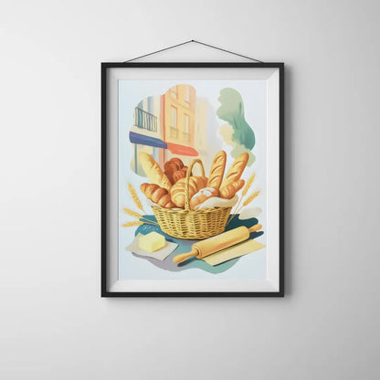 ForWalls.eu - Plakat French Bakery - Framed poster of a basket with baguettes, croissants, butter, rolling pin, and wheat, soft pastel colors. - jedzenie, plakat, podróże