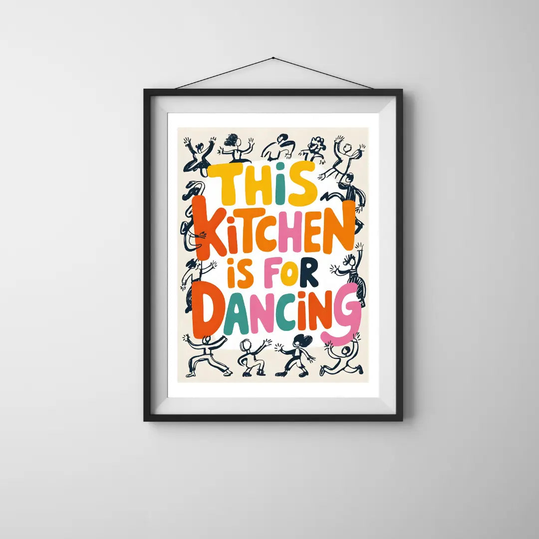 ForWalls.eu - Plakat This Kitchen Is For Dancing - Framed poster with bold orange, yellow, and pink text "This Kitchen Is For Dancing" surrounded by dancing stick figures. - classic, humor, jedzenie, plakat