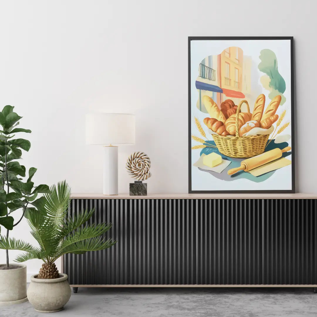 ForWalls.eu - Plakat French Bakery - Framed poster of a basket with baguettes, croissants, and bread against a French street backdrop on a white wall. - jedzenie, plakat, podróże
