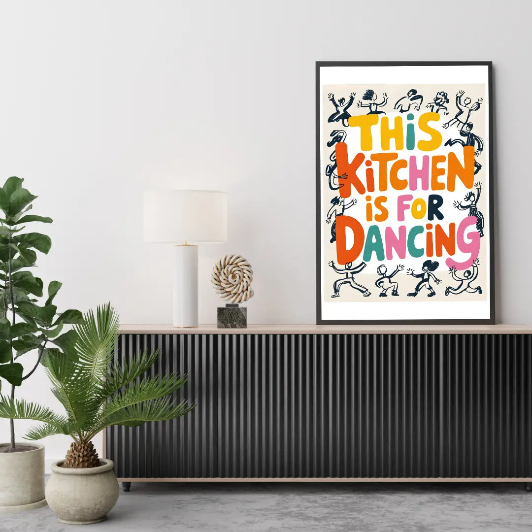 ForWalls.eu - Plakat This Kitchen Is For Dancing - Minimalist kitchen poster with bold orange, pink, and yellow text surrounded by dancing black line-drawn figures. - classic, humor, jedzenie, plakat