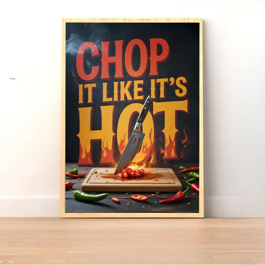 ForWalls.eu - Plakat Chop It Like It's Hot - Chalkboard-style poster with red and yellow text "Chop It Like It's Hot," fiery knife, chili peppers, and cutting board. - classic, jedzenie, plakat