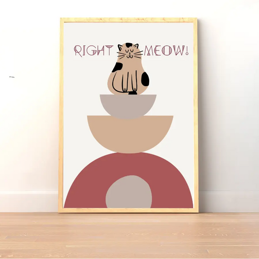 ForWalls.eu - Plakat Right Meow! - Minimalist poster with a beige and black cat sitting atop stacked geometric shapes in muted pink and tan tones, text "Right. - humor, plakat