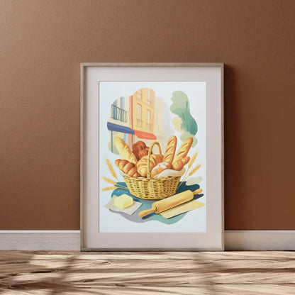 ForWalls.eu - Plakat French Bakery - Framed poster of a French bakery basket with baguettes, butter, and rolling pin against Parisian window backdrop. - jedzenie, plakat, podróże