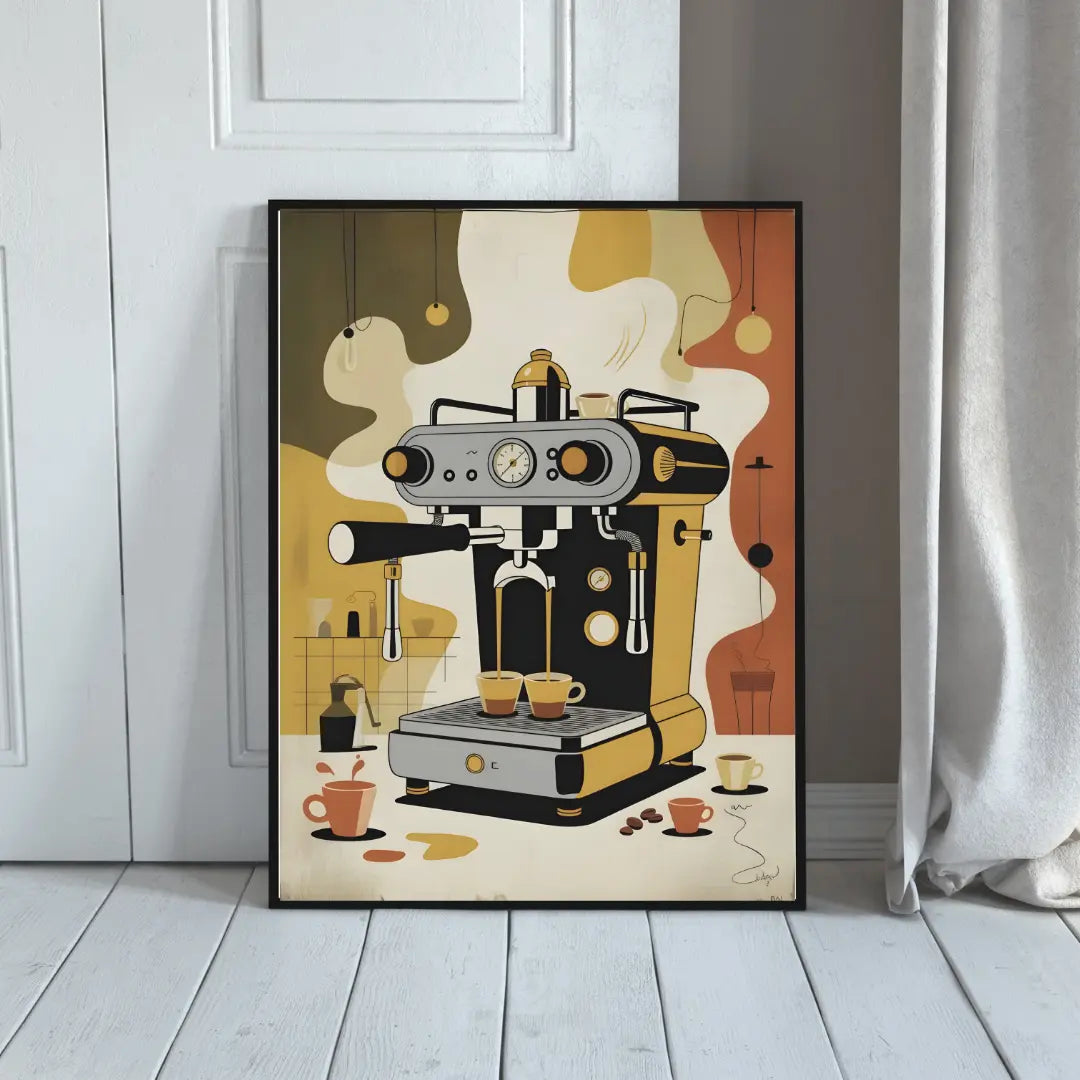 ForWalls.eu - Plakat Coffee Machine - Minimalist poster of a black and silver espresso machine with two coffee cups, abstract brown and cream shapes background. - jedzenie, kawa, plakat