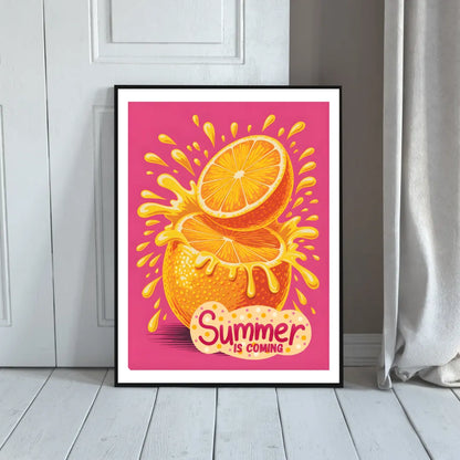 ForWalls.eu - Plakat Summer is Coming - Bright orange slice bursting with juice splash on vibrant pink background with "Summer is Coming" text below. - classic, jedzenie, plakat