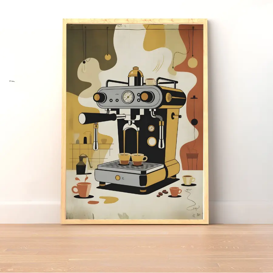 ForWalls.eu - Plakat Coffee Machine - Minimalist poster of a vintage coffee machine with coffee cups, beans, and flowing coffee shapes in earth tones. - jedzenie, kawa, plakat