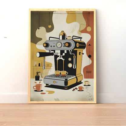 ForWalls.eu - Plakat Coffee Machine - Minimalist poster of a vintage coffee machine with coffee cups, beans, and flowing coffee shapes in earth tones. - jedzenie, kawa, plakat