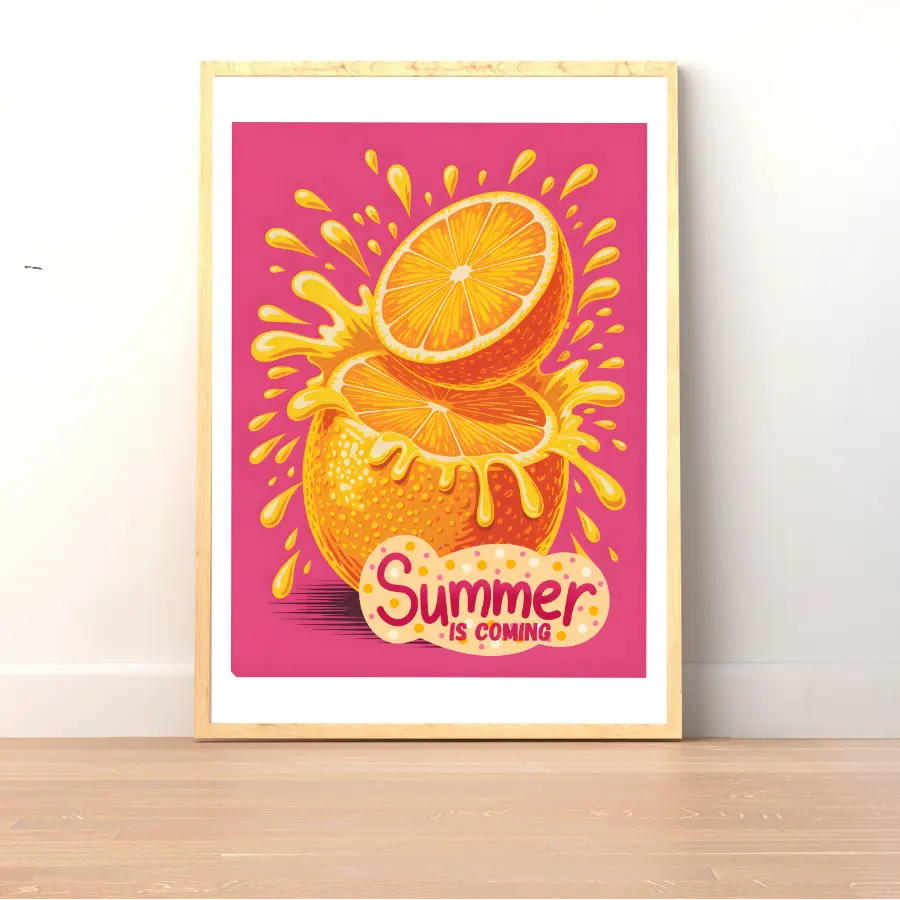 ForWalls.eu - Plakat Summer is Coming - Bright orange slices with juice splashes on pink background, bold "Summer is coming" text in red and cream below. - classic, jedzenie, plakat