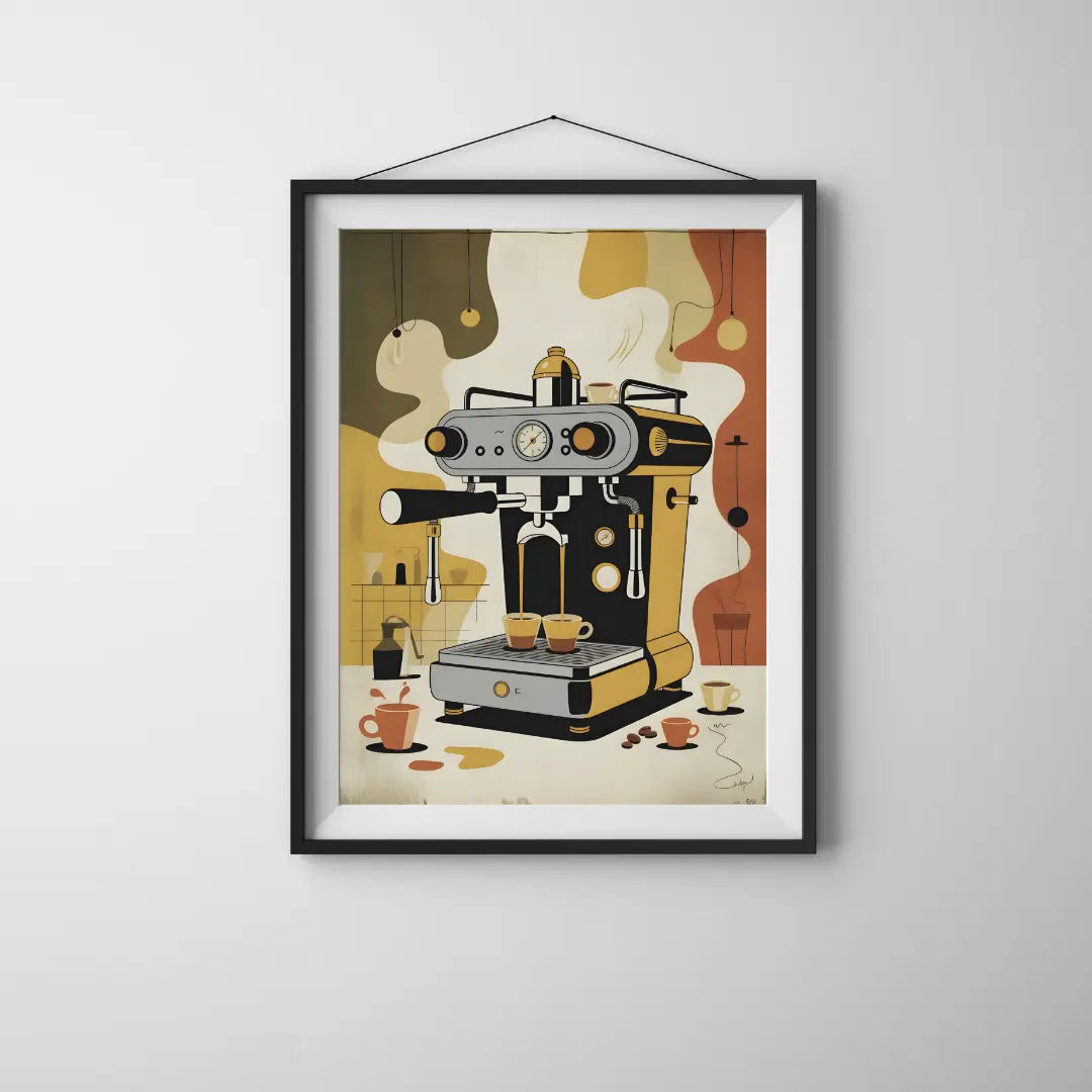 ForWalls.eu - Plakat Coffee Machine - Minimalist poster of vintage espresso machine with cups, steam, and coffee beans in warm brown tones. - jedzenie, kawa, plakat