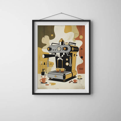 ForWalls.eu - Plakat Coffee Machine - Minimalist poster of vintage espresso machine with cups, steam, and coffee beans in warm brown tones. - jedzenie, kawa, plakat