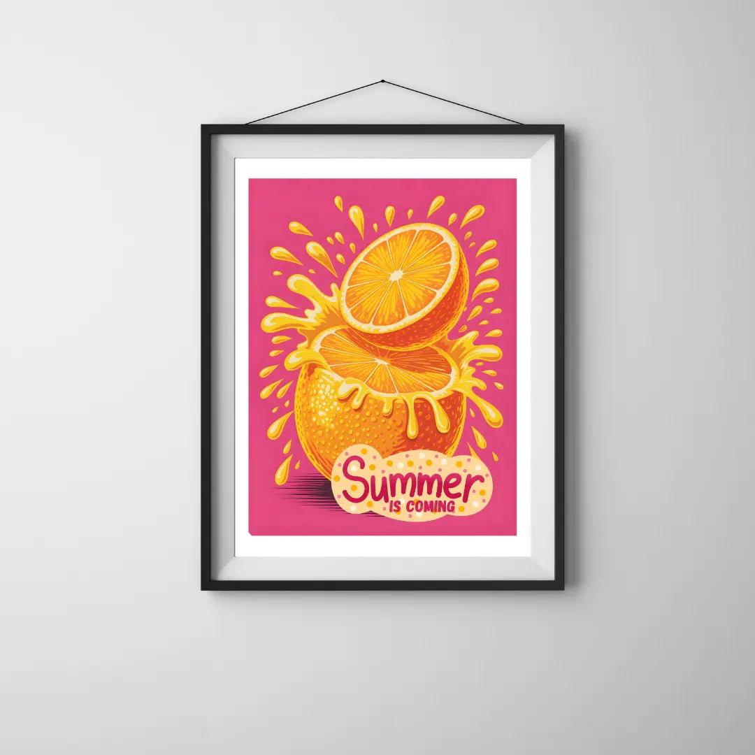 ForWalls.eu - Plakat Summer is Coming - Bright orange fruit split open with juice splash on vibrant pink background, text "Summer is Coming" below. - classic, jedzenie, plakat