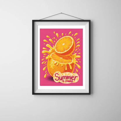 ForWalls.eu - Plakat Summer is Coming - Bright orange fruit split open with juice splash on vibrant pink background, text "Summer is Coming" below. - classic, jedzenie, plakat