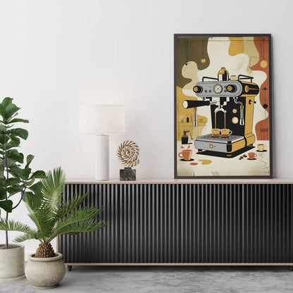 ForWalls.eu - Plakat Coffee Machine - Minimalist poster featuring a vintage black and silver coffee machine with steam and coffee cups on a warm brown abstract. - jedzenie, kawa, plakat