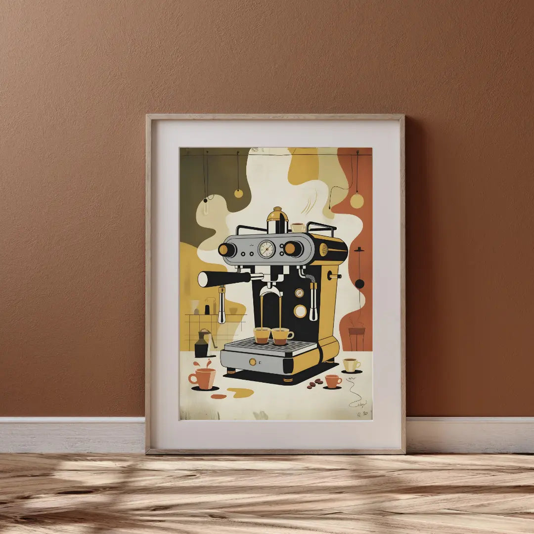 ForWalls.eu - Plakat Coffee Machine - Minimalist poster of a vintage coffee machine with steaming cup, warm beige, yellow, and brown abstract background. - jedzenie, kawa, plakat