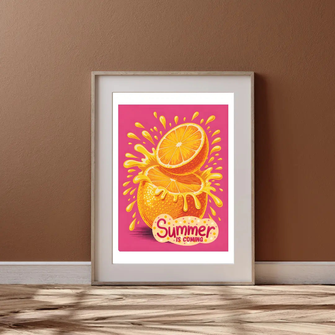 ForWalls.eu - Plakat Summer is Coming - Framed poster with bright orange slices and juice splash on vibrant pink background, “Summer is Coming” text in red and. - classic, jedzenie, plakat