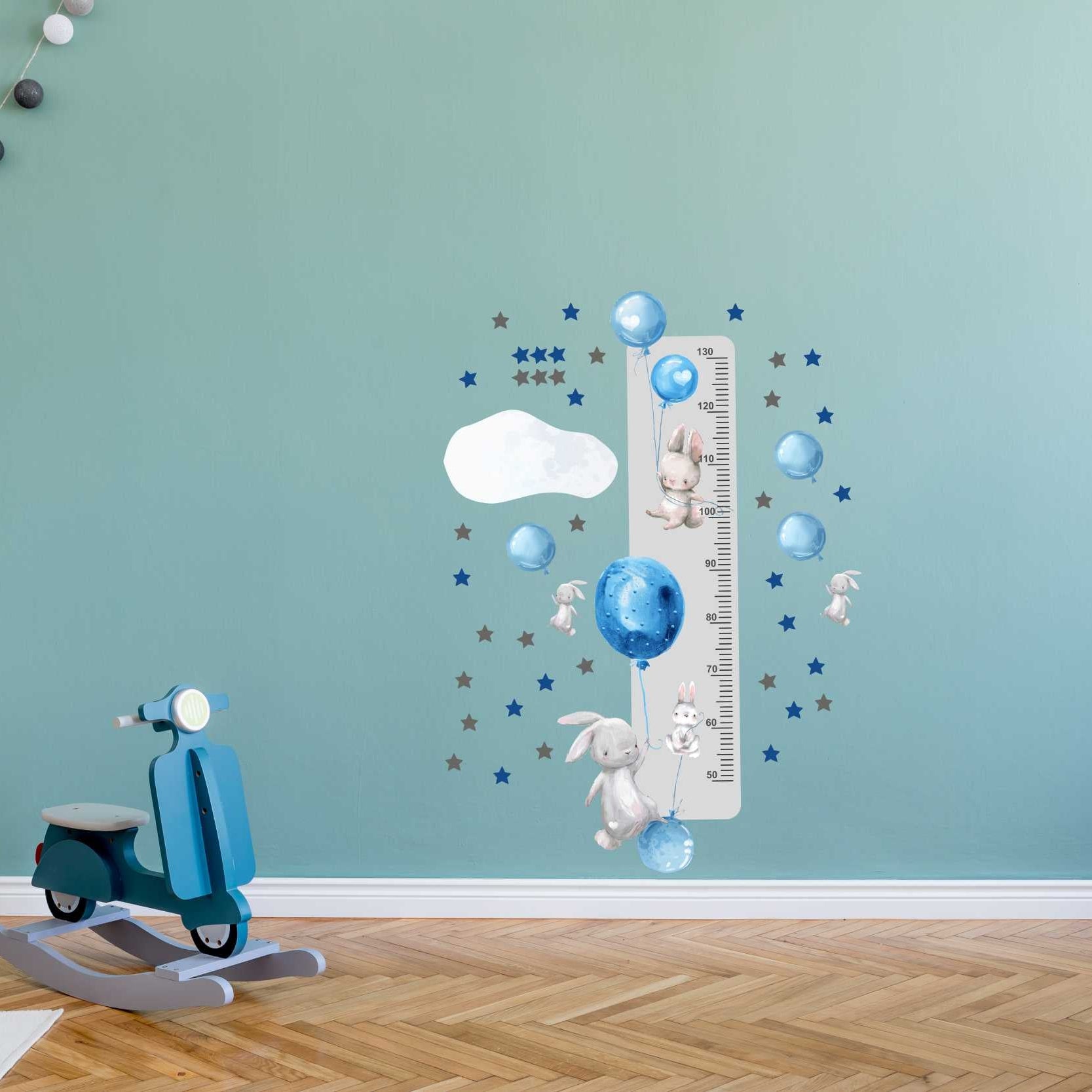 Miarka wzrostu dla dzieci Naklejka króliczki i niebieskie balony  45x120  ForWalls.eu