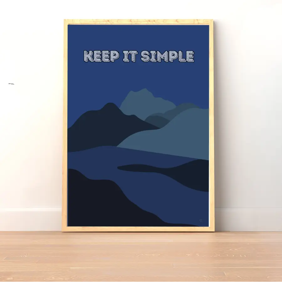 ForWalls.eu - Plakat Keep It Simple - Minimalist poster with layered blue mountain silhouettes and "KEEP IT SIMPLE" text in light gray on dark blue background. - góry, minimalistyczny, natura, plakat