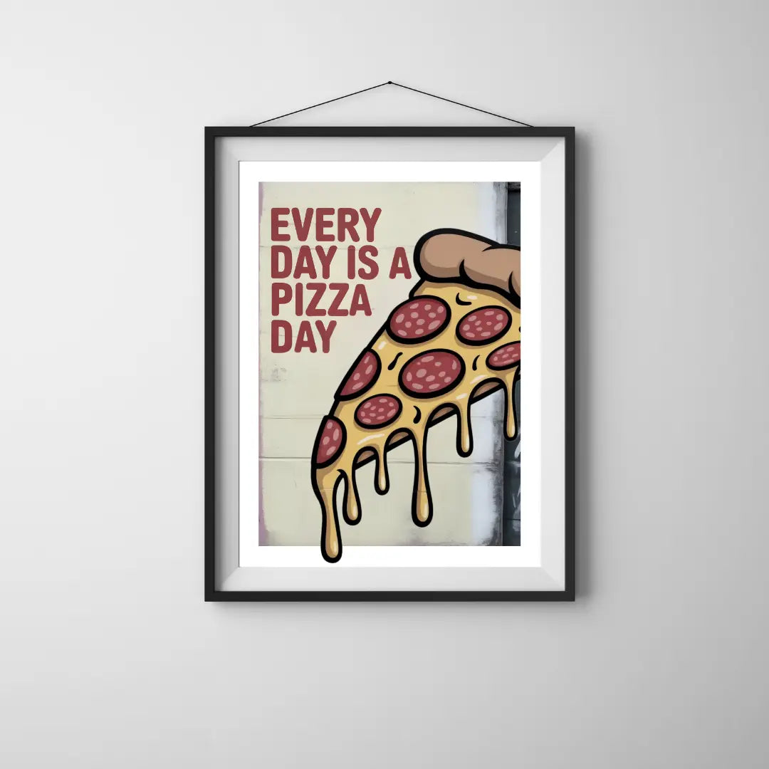 ForWalls.eu - Plakat Every Day is a Pizza Day - Framed poster with cartoon hand holding dripping pepperoni pizza slice, text "Every Day is a Pizza Day" in red letters. - jedzenie, plakat