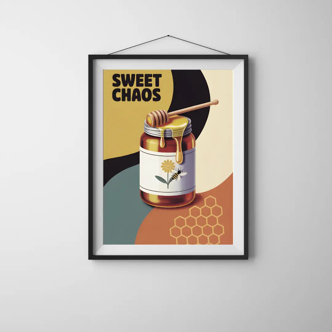 ForWalls.eu - Plakat Sweet Chaos - Framed poster with honey jar, wooden dipper dripping honey, bold text "SWEET CHAOS," geometric background. - jedzenie, plakat, typografia