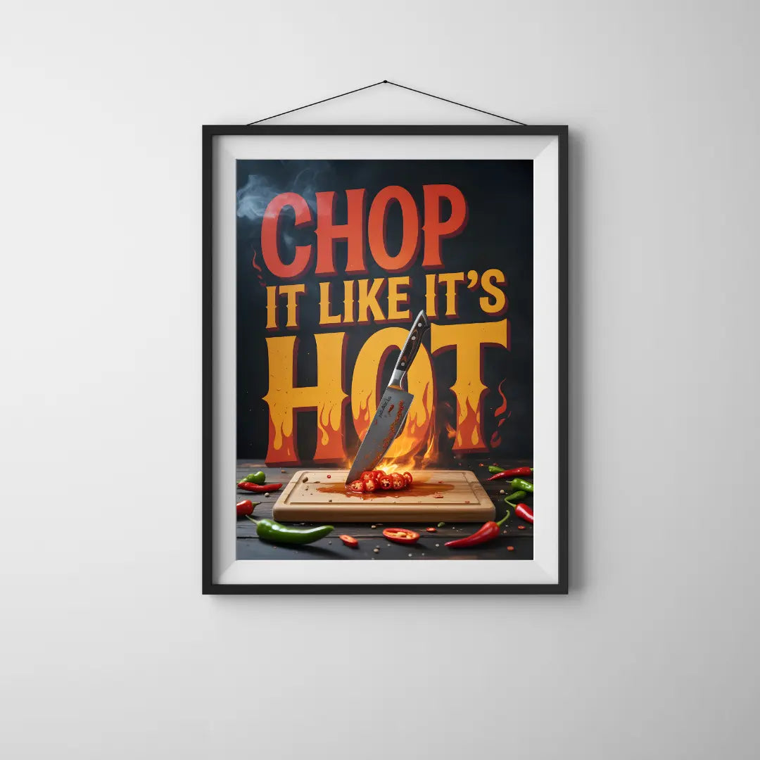ForWalls.eu - Plakat Chop It Like It's Hot - Minimalist poster with bold red and yellow text "Chop It Like It's Hot," fiery knife chopping chili on wooden board. - classic, jedzenie, plakat