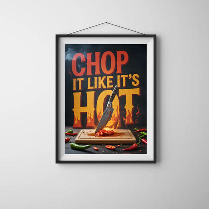 ForWalls.eu - Plakat Chop It Like It's Hot - Minimalist poster with bold red and yellow text "Chop It Like It's Hot," fiery knife chopping chili on wooden board. - classic, jedzenie, plakat