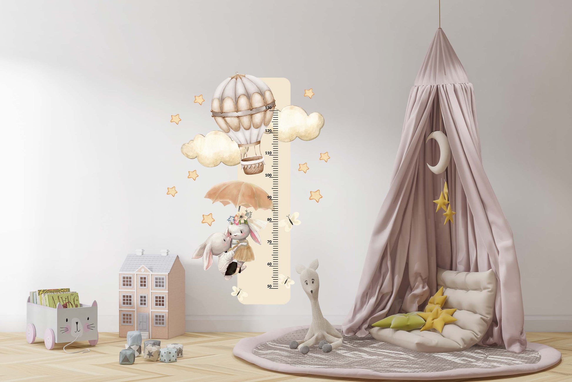 Miarka wzrostu dla dzieci króliczki balon Naklejka na ścianę beżowa 45x120  ForWalls.eu