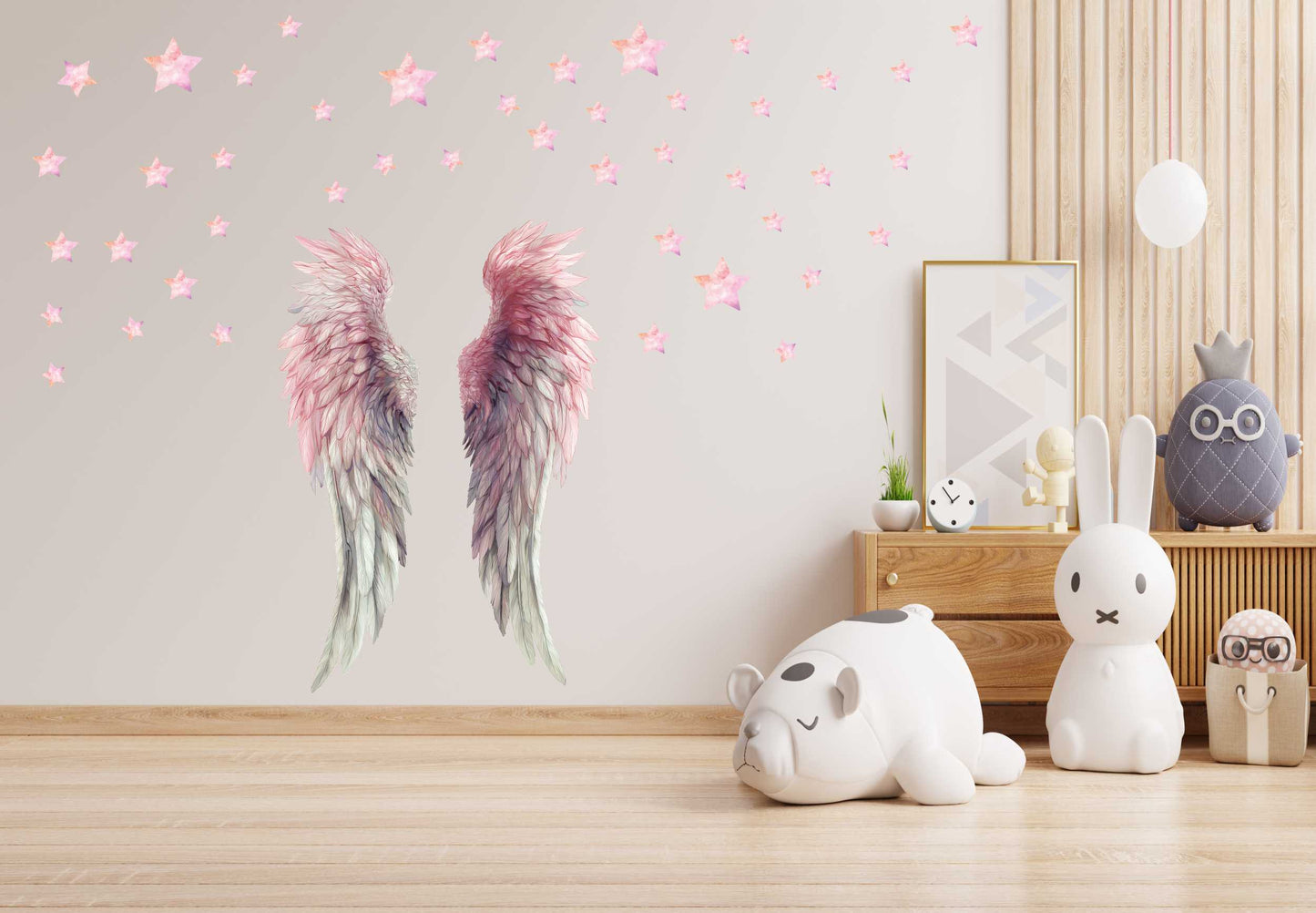 Różowe Naklejki dla dzieci dziewczynki nastolatki Skrzydła Anioła Gwiazdki  ForWalls.eu