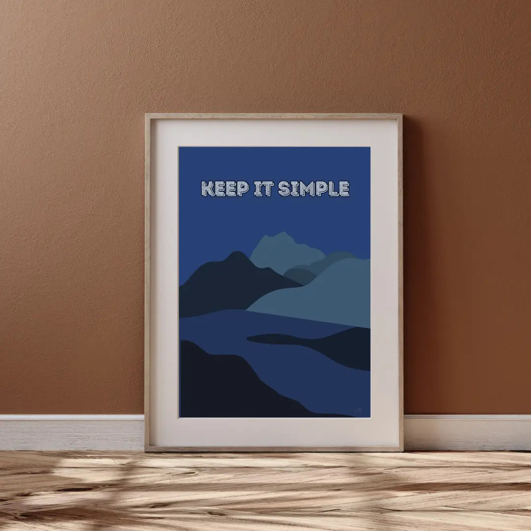 ForWalls.eu - Plakat Keep It Simple - Minimalist mountain landscape in layered blue tones with "KEEP IT SIMPLE" text in white at the top. - góry, minimalistyczny, natura, plakat