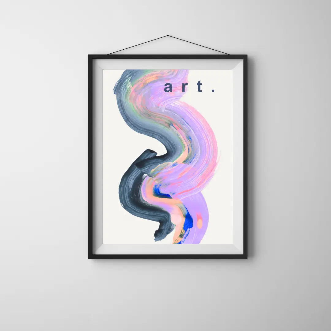 ForWalls.eu - Plakat Sztuka - Framed minimalist poster with abstract pastel brushstroke swirl in blue, pink, purple, and black, word "art." in top right. - ekpresyjny, plakat