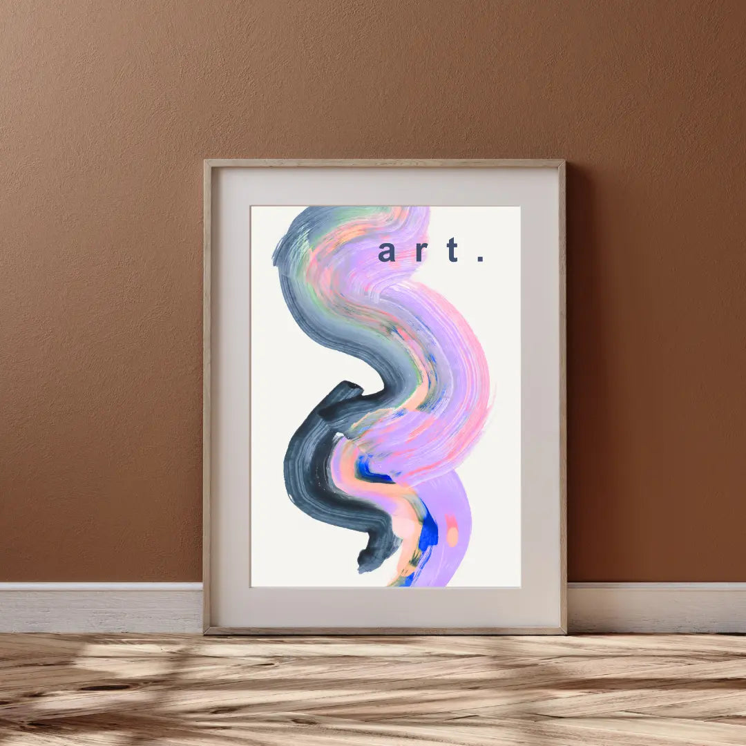 ForWalls.eu - Plakat Sztuka - Abstract brushstroke in navy, pink, and light blue on white background with minimalist text "art." at top center. - ekpresyjny, plakat