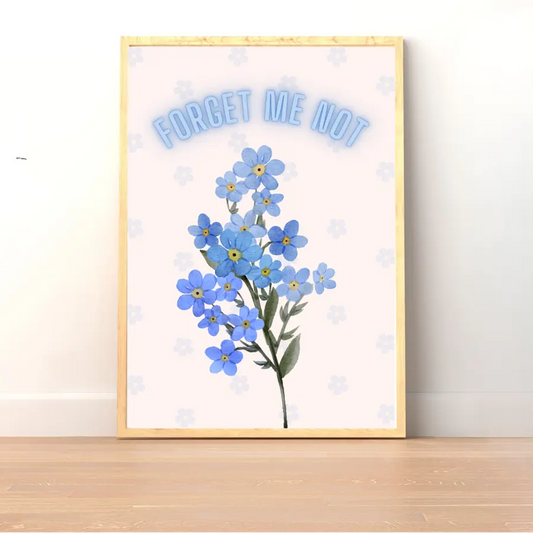 ForWalls.eu - Plakat Forget Me Not - Minimalist poster featuring a blue forget-me-not flower cluster with curved text "FORGET ME NOT" on white background. - botaniczny, minimalistyczny, plakat