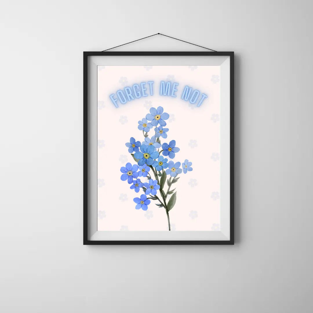 ForWalls.eu - Plakat Forget Me Not - Minimalist poster with blue forget-me-not flowers and light pink floral background, framed in black. - botaniczny, minimalistyczny, plakat