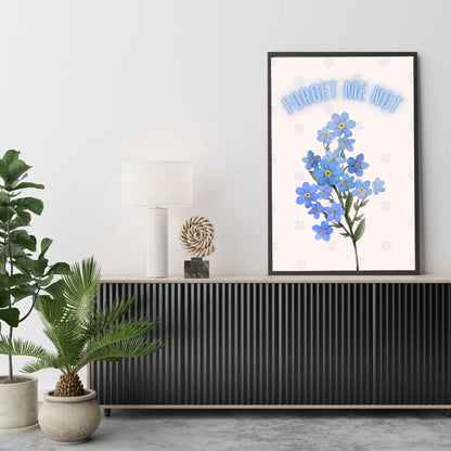 ForWalls.eu - Plakat Forget Me Not - Minimalist botanical poster with delicate blue forget-me-not flowers and light blue "FORGET ME NOT" text on pale background. - botaniczny, minimalistyczny, plakat
