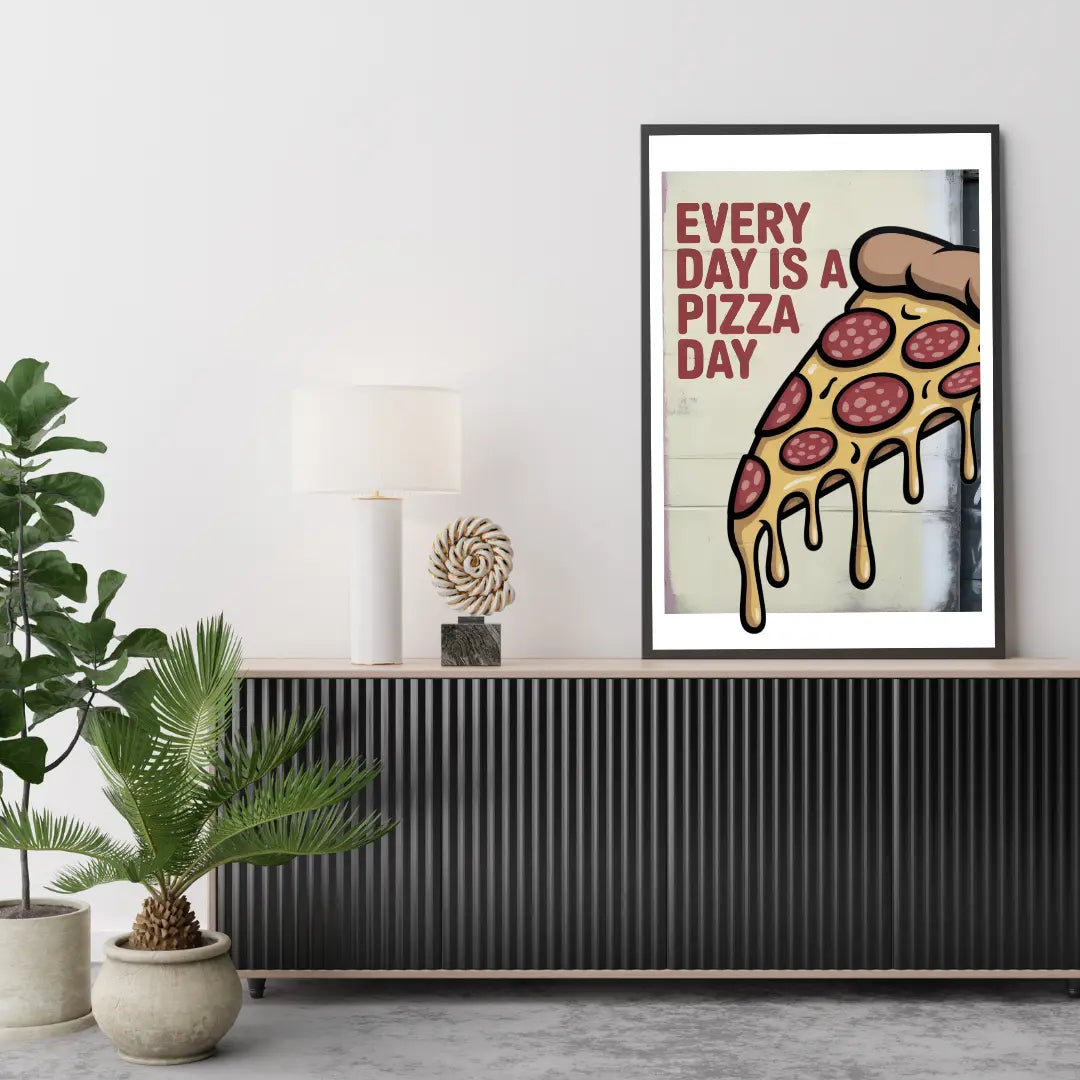 ForWalls.eu - Plakat Every Day is a Pizza Day - Framed poster with dripping pepperoni pizza slice and bold red text "Every Day Is A Pizza Day" on beige background. - jedzenie, plakat