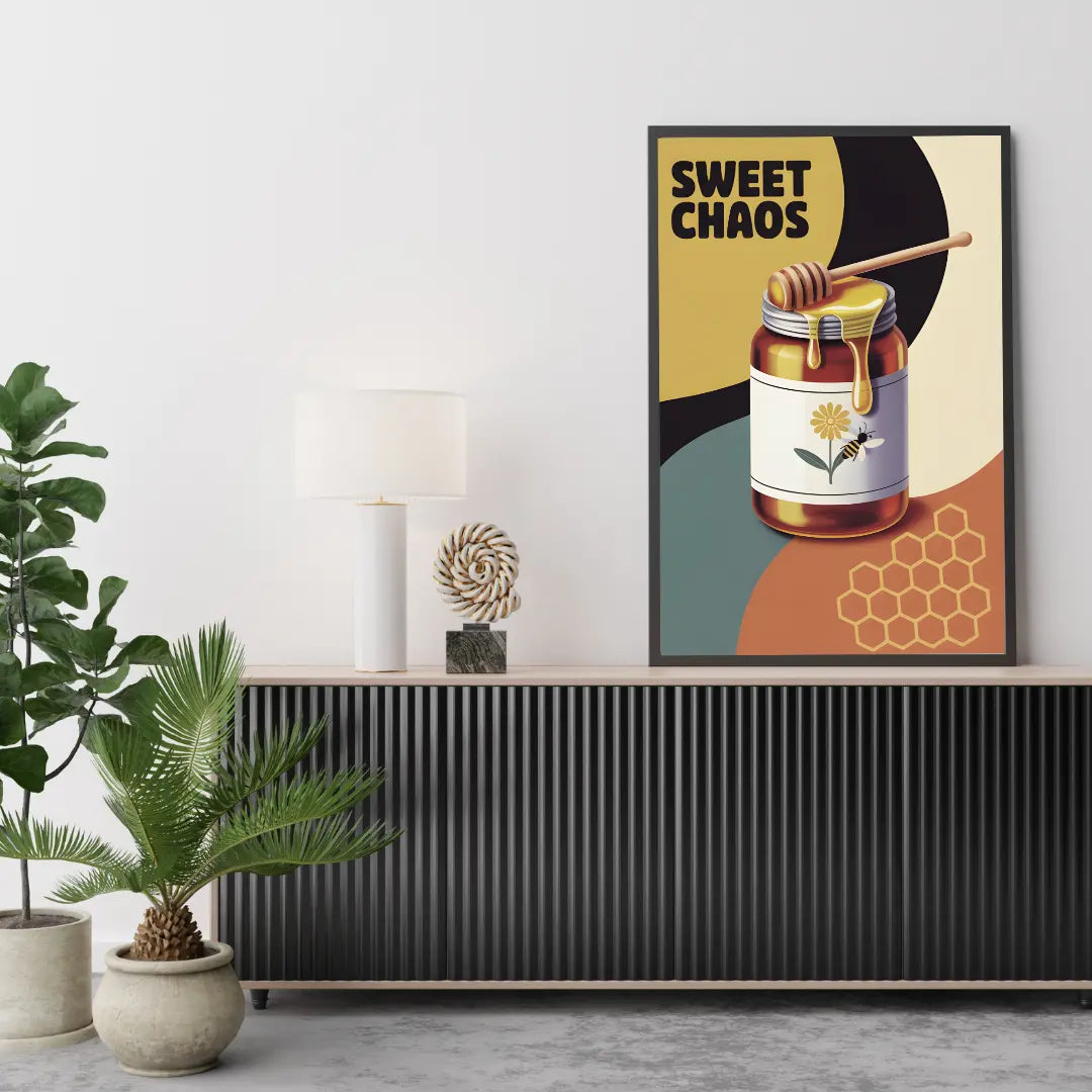 ForWalls.eu - Plakat Sweet Chaos - Minimalist poster with honey jar dripping honey, wooden honey dipper, bold "SWEET CHAOS" text, warm muted colors. - jedzenie, plakat, typografia