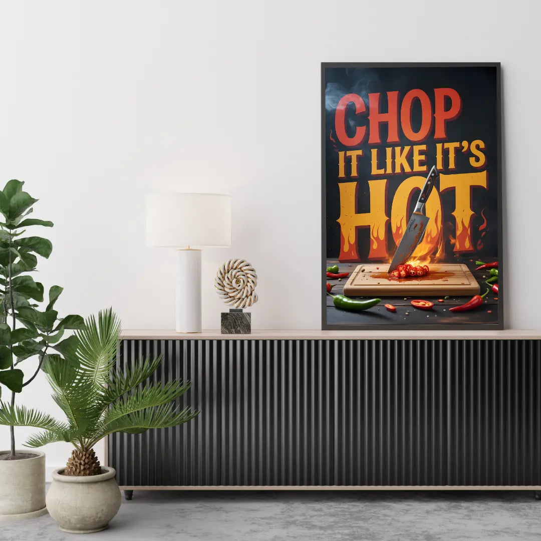 ForWalls.eu - Plakat Chop It Like It's Hot - Chop It Like It's Hot poster with flaming knife, vegetables on cutting board, bold orange and yellow text on black background. - classic, jedzenie, plakat