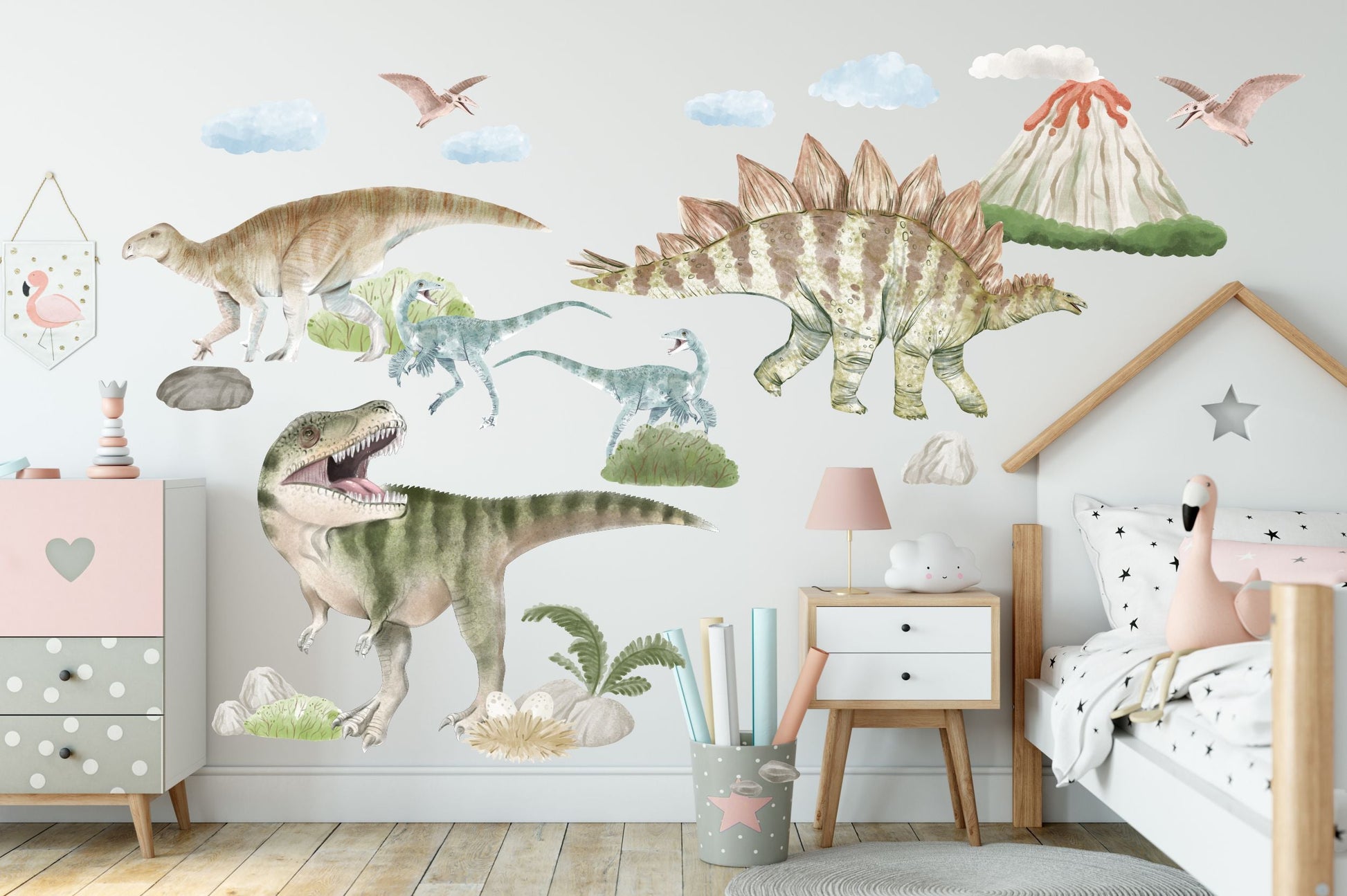 Naklejki dla dzieci na ścianę chłopiec dinozaury wulkan duży zestaw 100x200  ForWalls.eu