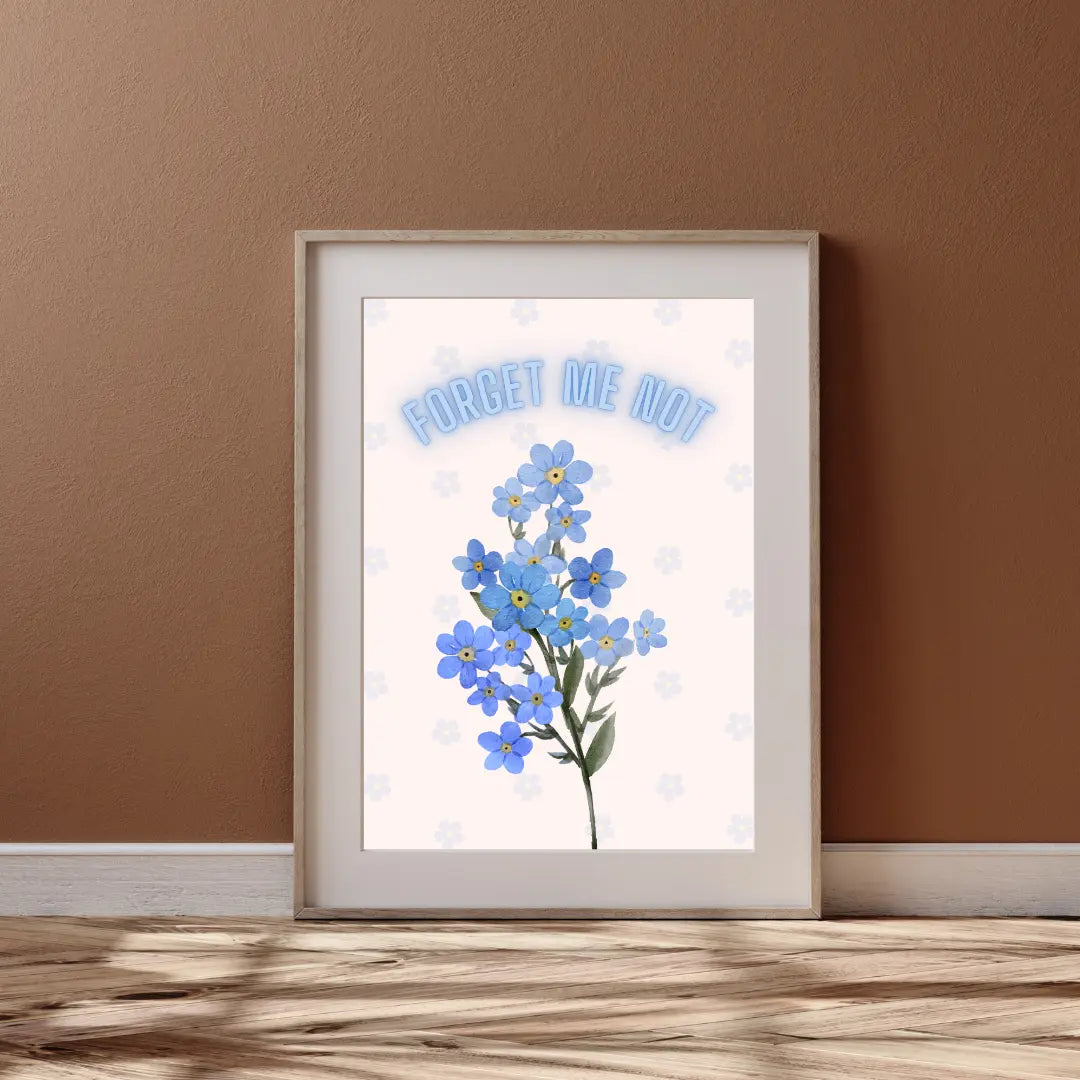 ForWalls.eu - Plakat Forget Me Not - Minimalist poster with blue forget-me-not flowers, green stems, and curved "Forget Me Not" text in light blue on cream. - botaniczny, minimalistyczny, plakat