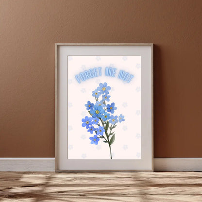 ForWalls.eu - Plakat Forget Me Not - Minimalist poster with blue forget-me-not flowers, green stems, and curved "Forget Me Not" text in light blue on cream. - botaniczny, minimalistyczny, plakat