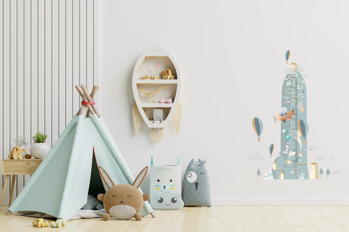 Miarka wzrostu dla dzieci Kolorowa naklejka ścienna góry lasy balony 45x120  ForWalls.eu