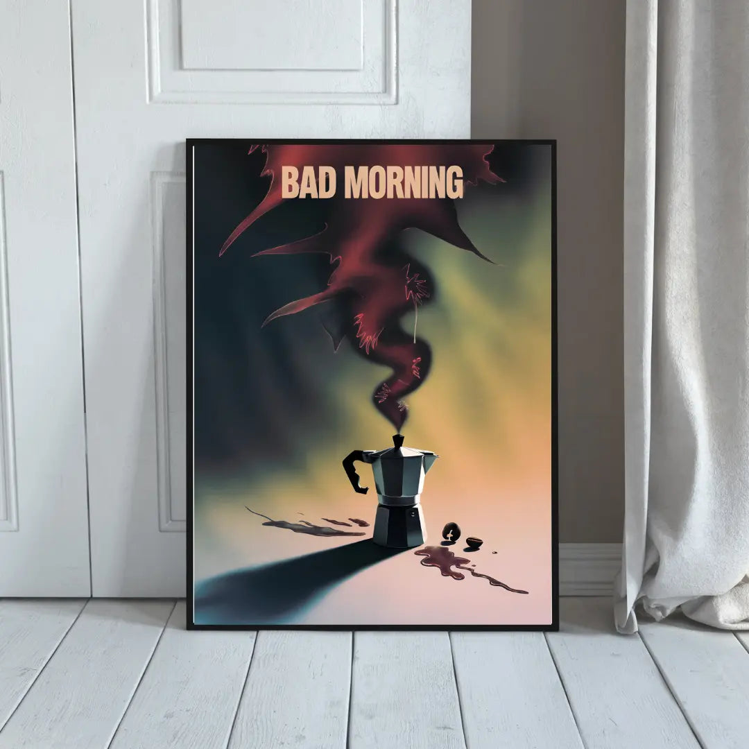ForWalls.eu - Plakat Bad Morning - Black stovetop espresso maker emitting dark, smoky steam on a blurred gradient background with "BAD MORNING" text above. - plakat, surrelizm