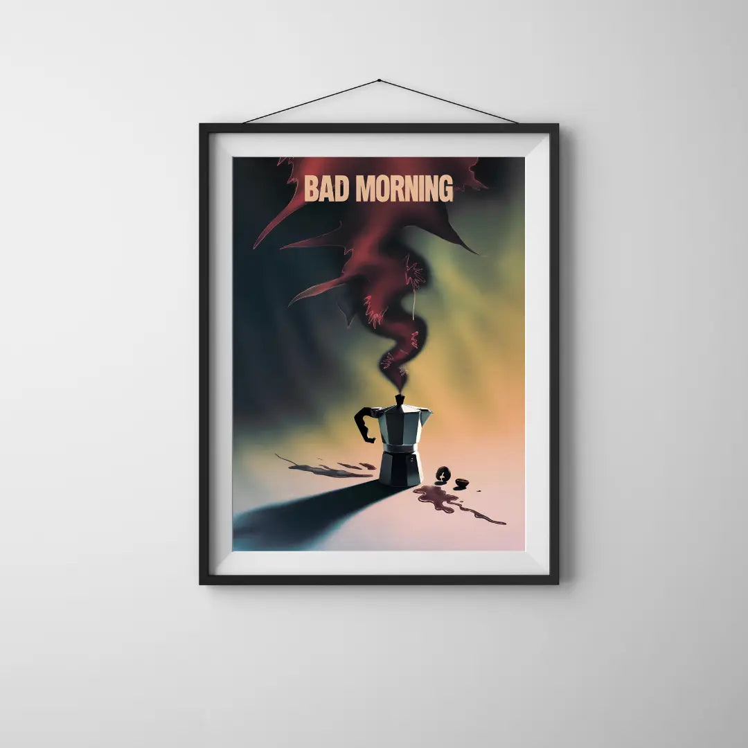 ForWalls.eu - Plakat Bad Morning - Framed surrealist poster with black coffee pot emitting dark smoke forming a twisted face, "BAD MORNING" text above. - plakat, surrelizm