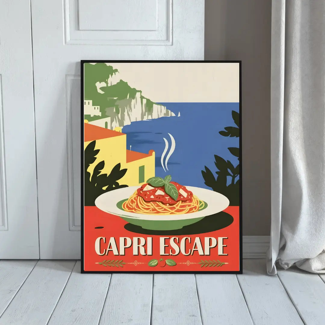 ForWalls.eu - Plakat Capri Escape - Minimalist poster showing a plate of spaghetti with tomato sauce and basil, overlooking a seaside cliff and buildings. - jedzenie, plakat, podróże