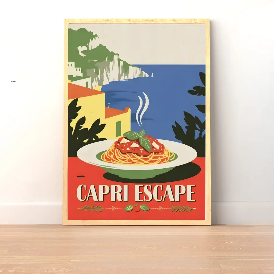 ForWalls.eu - Plakat Capri Escape - Minimalist poster of steaming spaghetti on white plate overlooking blue sea and cliffs with "Capri Escape" text. - jedzenie, plakat, podróże