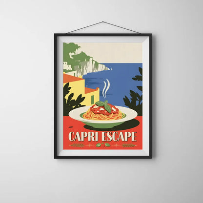 ForWalls.eu - Plakat Capri Escape - Framed poster with steaming plate of spaghetti, colorful houses, green foliage, and blue sea under clear sky. - jedzenie, plakat, podróże