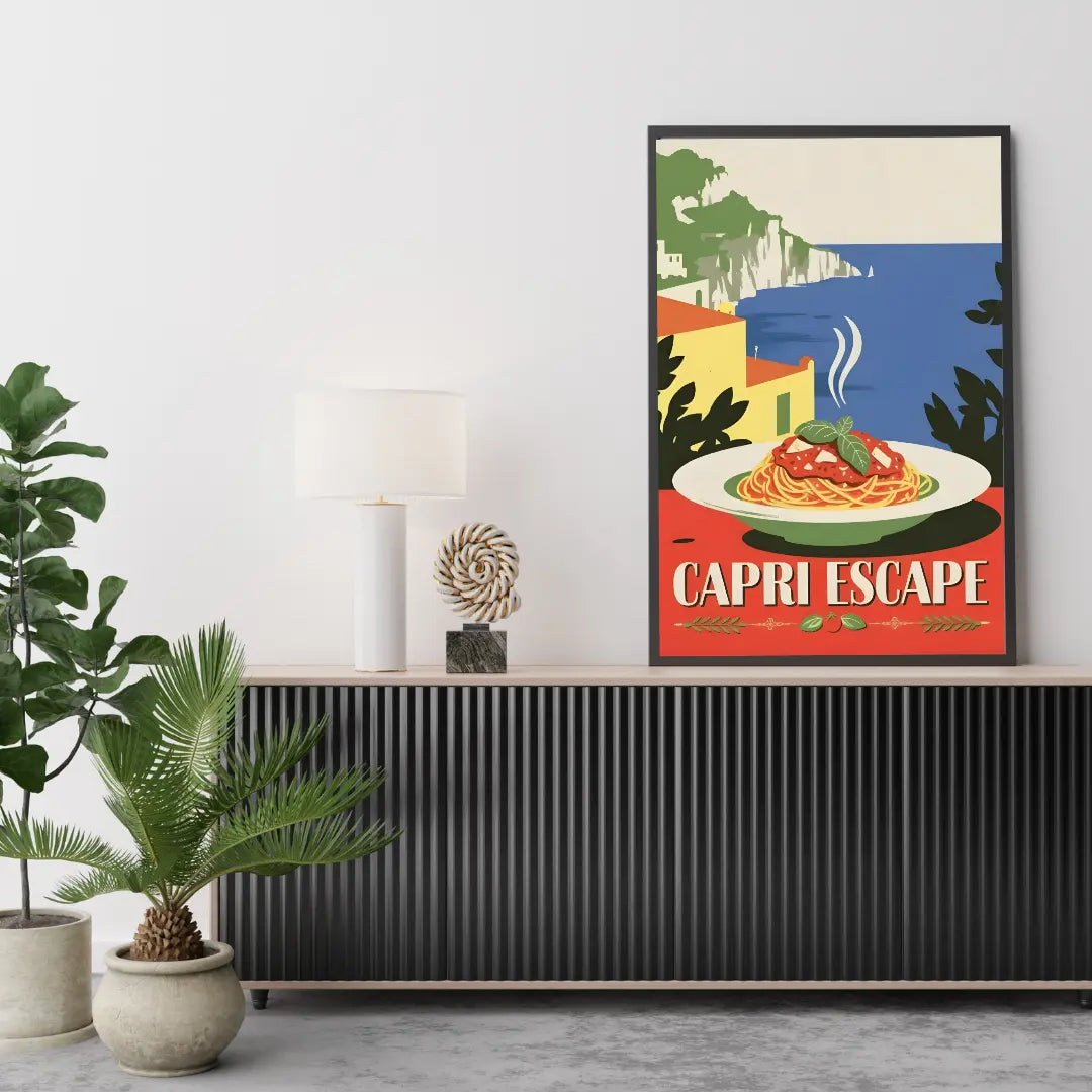 ForWalls.eu - Plakat Capri Escape - Capri Escape poster with coastal landscape, vivid blue sea, green foliage, and spaghetti plate in foreground. - jedzenie, plakat, podróże