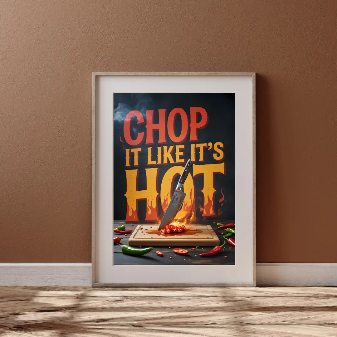 ForWalls.eu - Plakat Chop It Like It's Hot - Framed poster with bold red and yellow text "CHOP IT LIKE IT'S HOT," chopping board, knife, flames, and chili peppers. - classic, jedzenie, plakat